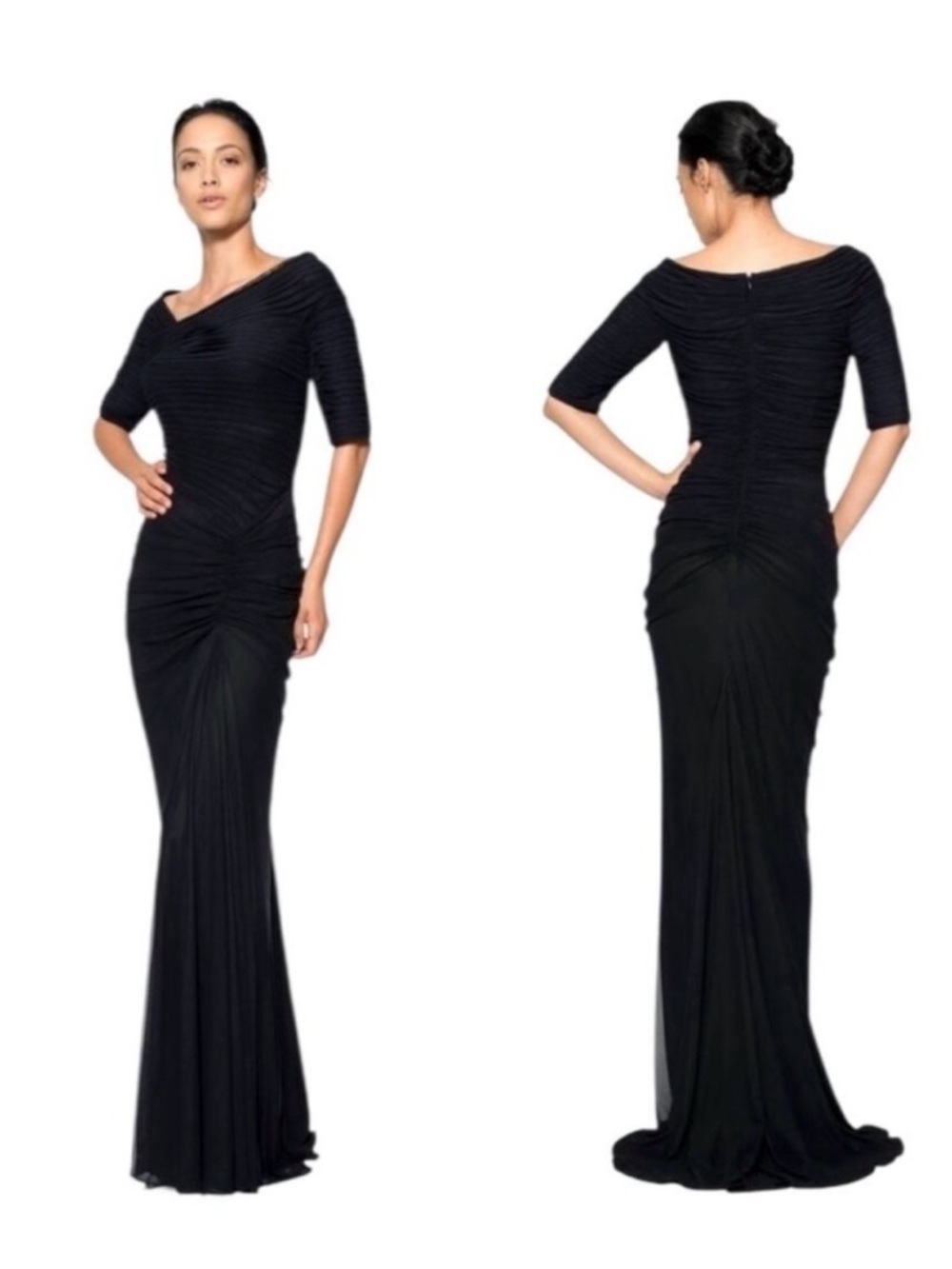 Size L Tadashi Shoji Black Ruched Off-Shoulder Maxi Gown with mini train.